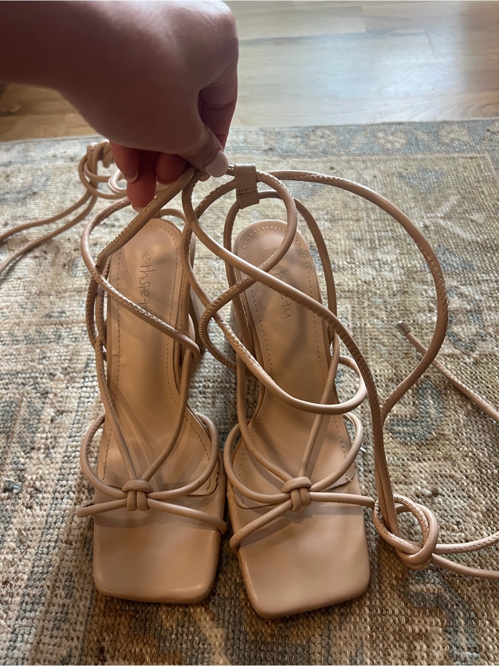Strappy Lace-Up Square-Toe Heels in Nude